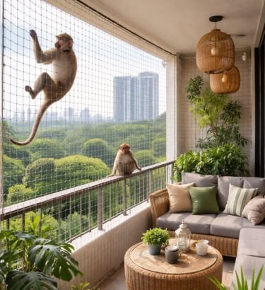 Monkey Safety Nets in Hyderabad installed by Lasya Safety Nets to prevent monkeys from entering balconies, windows, terraces and residential buildings.